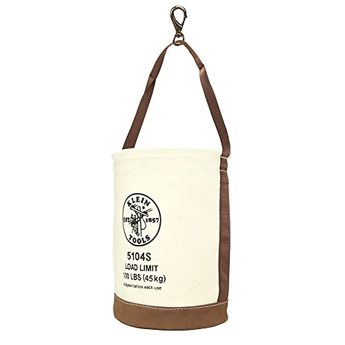 Klein Tools 5104S Canvas Bucket, Tool Bucket Made with No. 4 Canvas and Leather Bottom, with Swivel Snap Hook Included, 100-Pound Load Rated