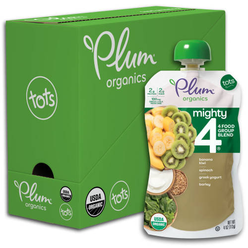 Plum Organics Mighty 4 , Organic Toddler Food, Banana, Kiwi, Spinach, Greek Yogurt & Barley, 4oz Pouch (Pack of 6)