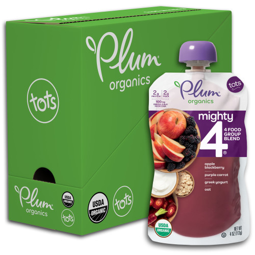 Plum Organics Mighty 4, Organic Toddler Food, Apple, Blackberry, Purple Carrot, Greek Yogurt & Oat, 4oz Pouch (Pack of 6)