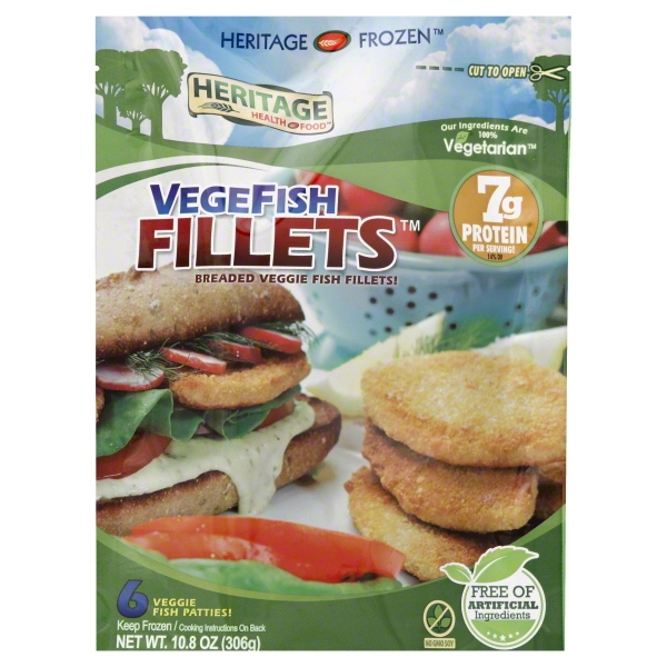 HERITAGE HEALTH FOOD, VEGEFISH FILLETS, BREADED VEGGIE FISH FILLETS PATTIES