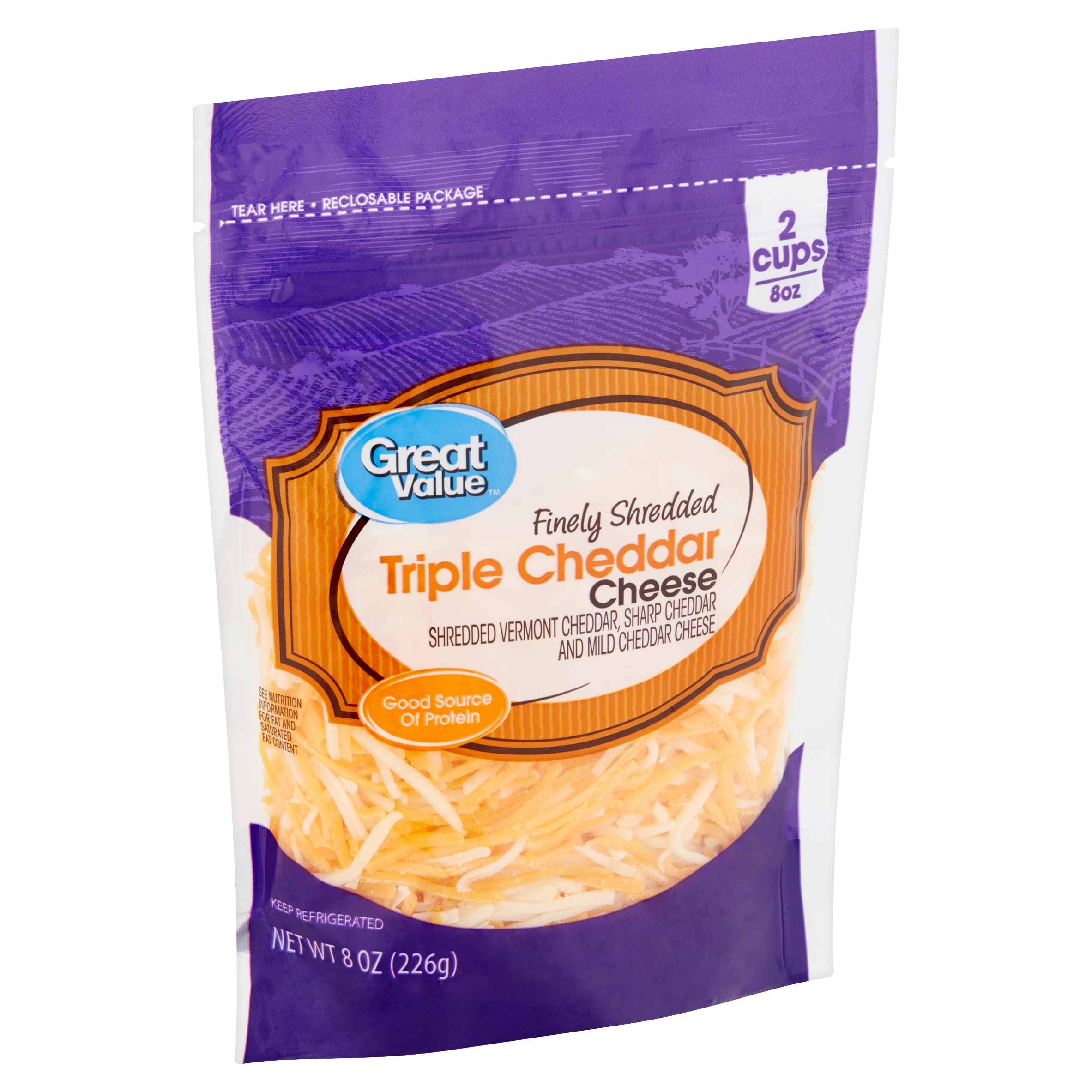 Great Value Finely Shredded Triple Cheddar Cheese, 8 Oz Image