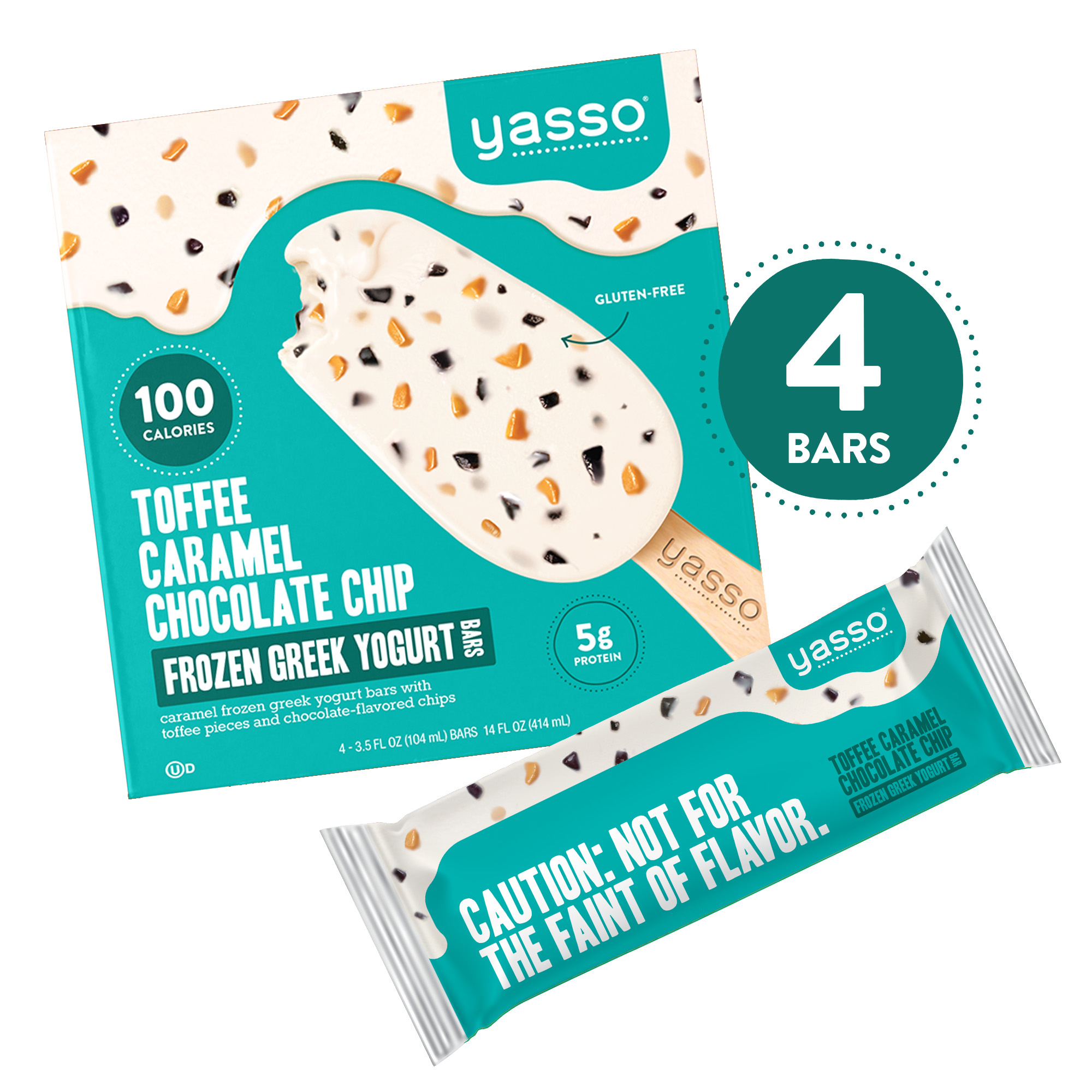 TOFFEE CARAMEL CHOCOLATE CHIP FLAVORED GREEK YOGURT BARS, TOFFEE CARAMEL CHOCOLATE CHIP