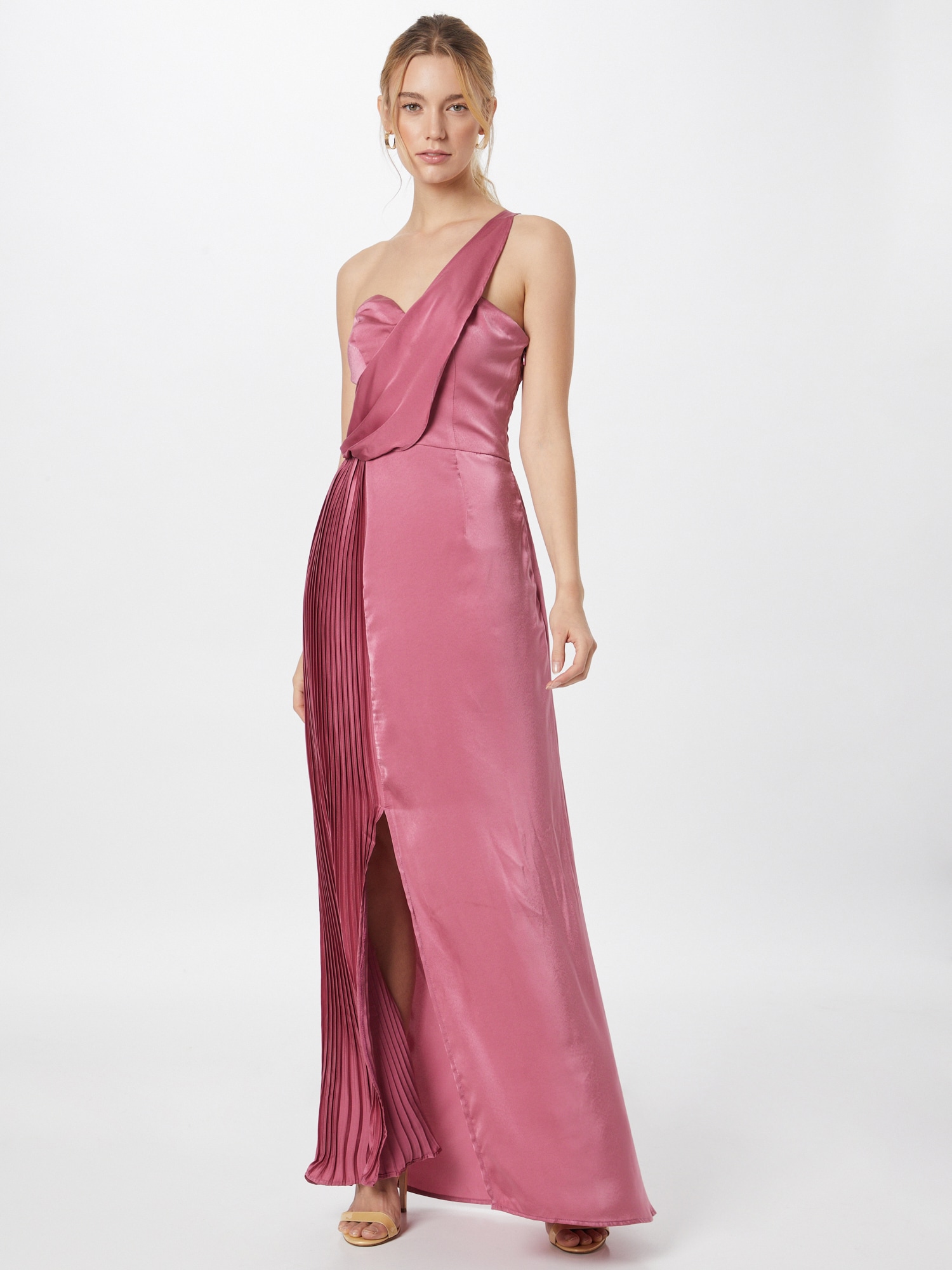 Chi Chi Pleated Satin One Shoulder Bridesmaid Maxi Dress in Pink, Size 16 thumbnail