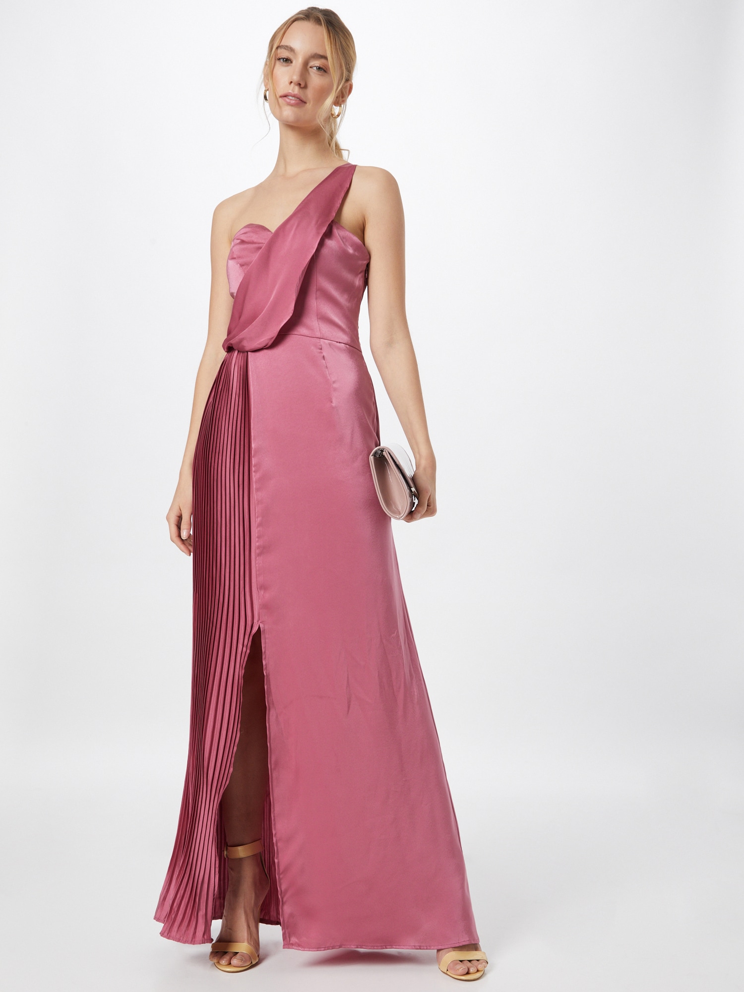 Chi Chi Pleated Satin One Shoulder Bridesmaid Maxi Dress in Pink, Size 16 thumbnail