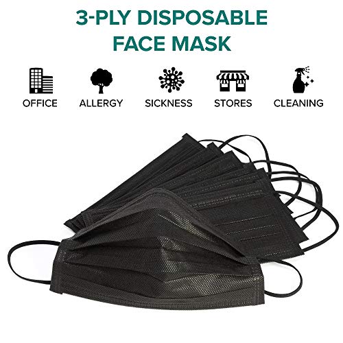 Photo 1 of Black Disposable Face Mask (50 Face Masks) 3-Ply Breathable Comfortable Nose/Mouth Coverings for Home & Office | Elastic Ear Loop 3-Layer Safety Shield