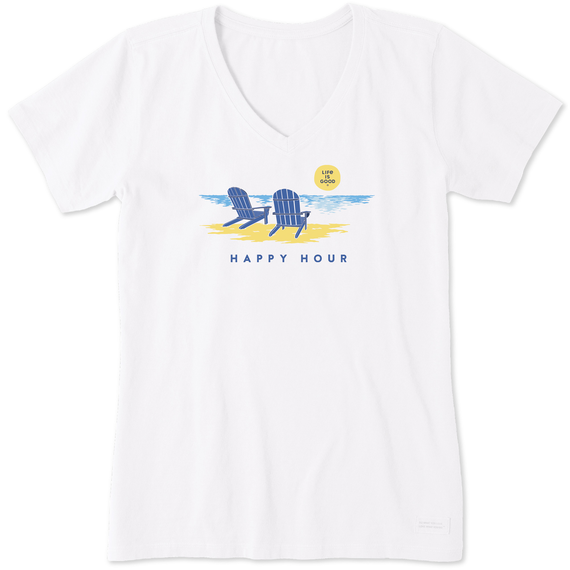 Life Is Good Women's Golden Happy Hour Crusher Vee Short Sleeve T-Shirt in Cloud White Size XS | 100% Cotton
