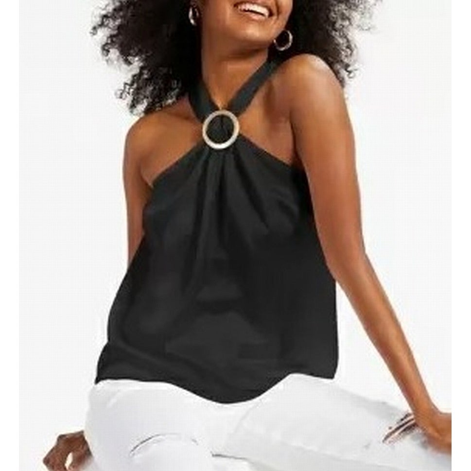 Inc Women's Blouse Black Size Small S Halter Ring Hardware Solid 7339-0049-P - S