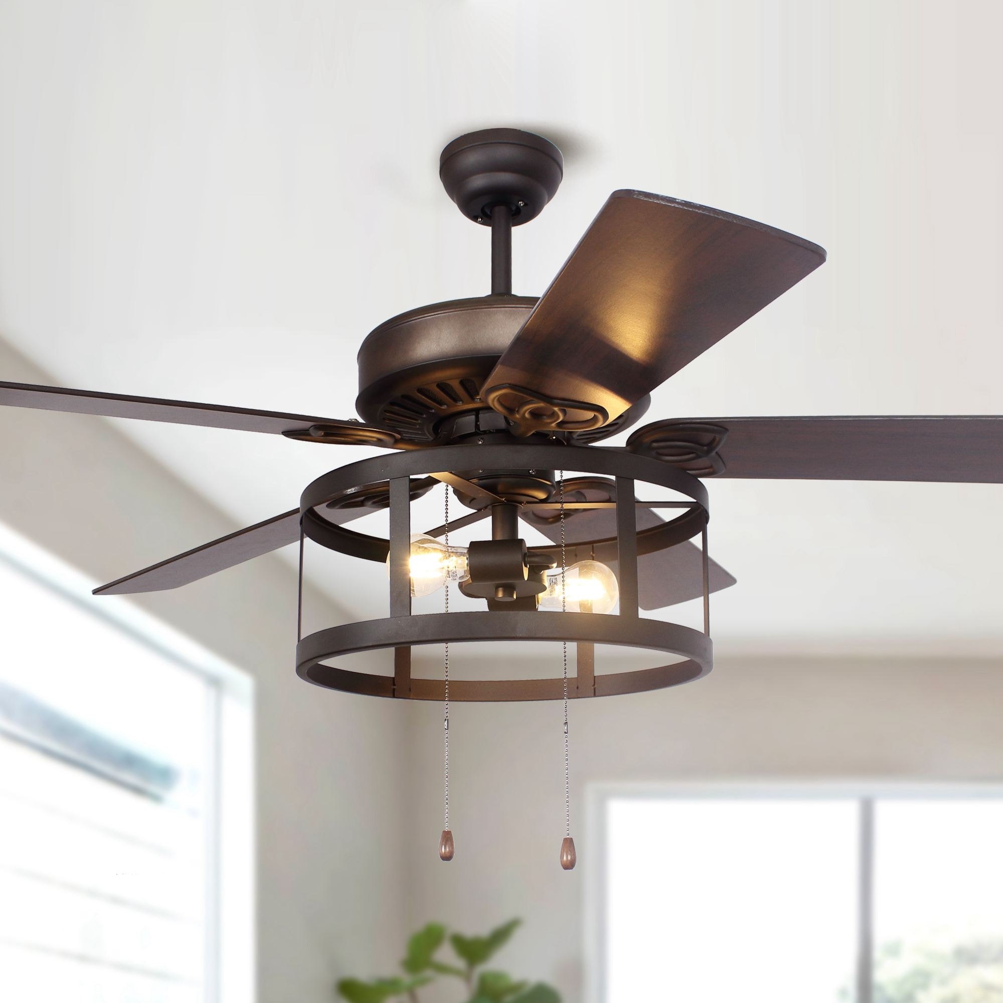Parrot Uncle 52  Industrial Matte Black Wood 5-Blade LED Ceiling Fan with Pull Chain