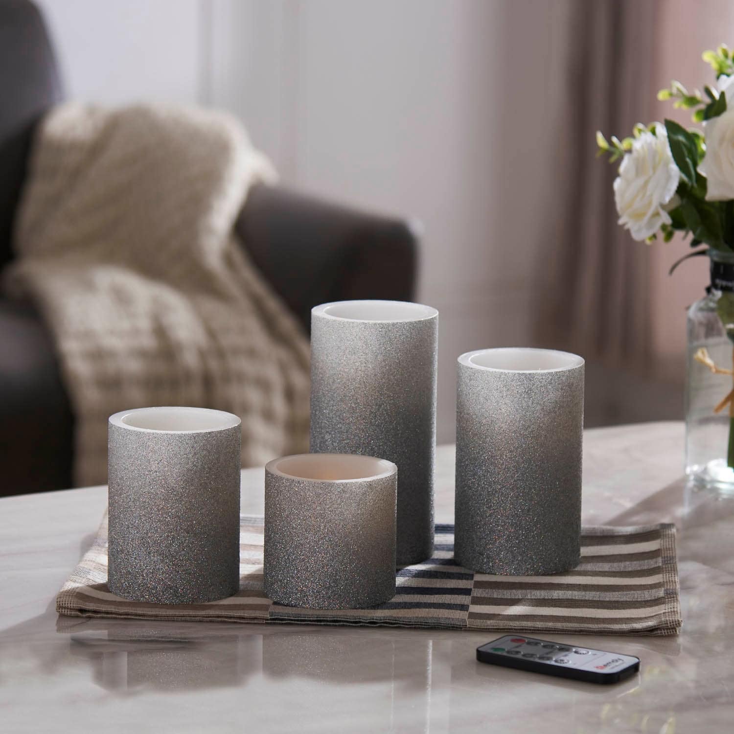 Holographic Silver Glitter LED Pillar Candles (Set of 4)