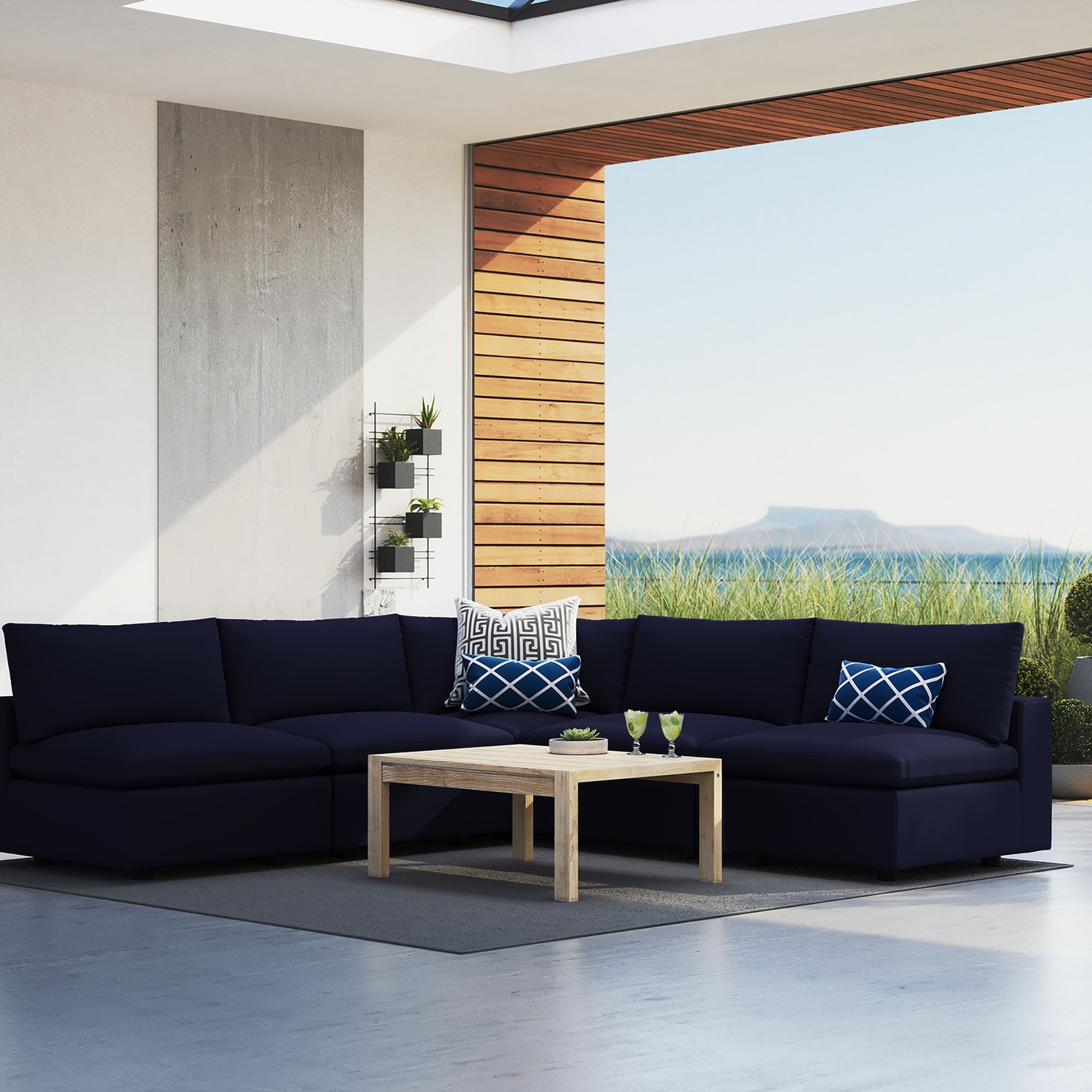 EEI-5588-NAV 5 Piece Commix Sunbrella Outdoor Patio Sectional Sofa, Navy
