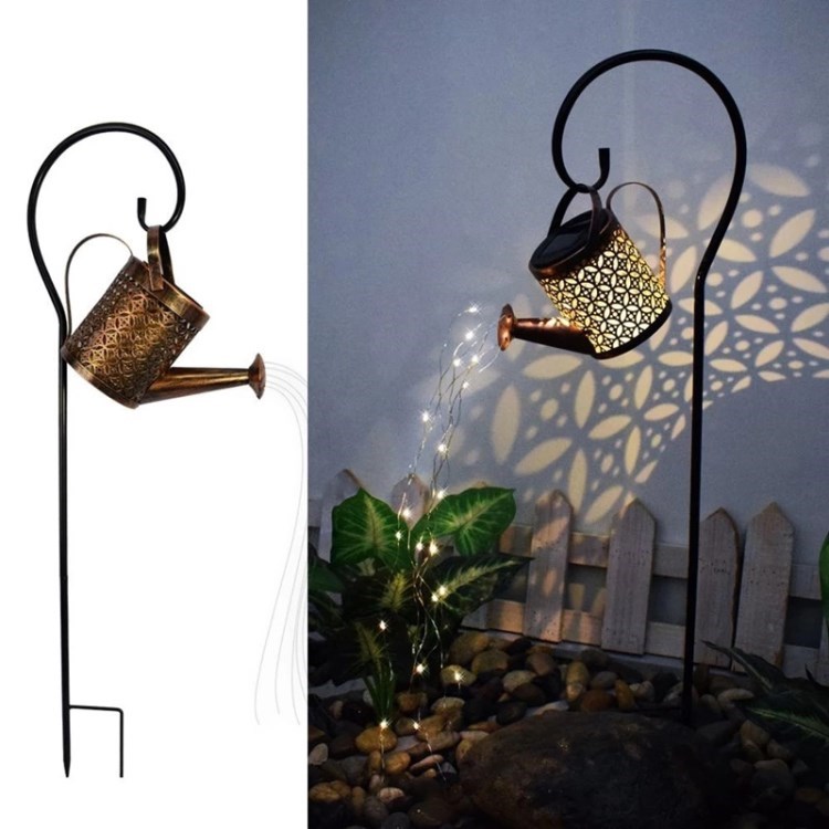Waterproof Solar Light String Garden Watering Can Ornament Hanging Lamp for Lawn Path - with Stand