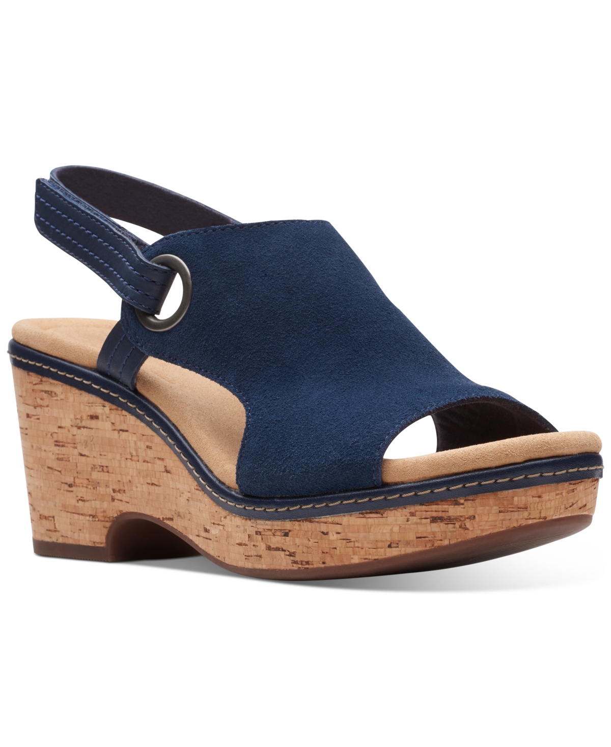 Clarks Collection Giselle Sea Leather/Suede Wedge Sandal - Blue - Size 9 W-Wide