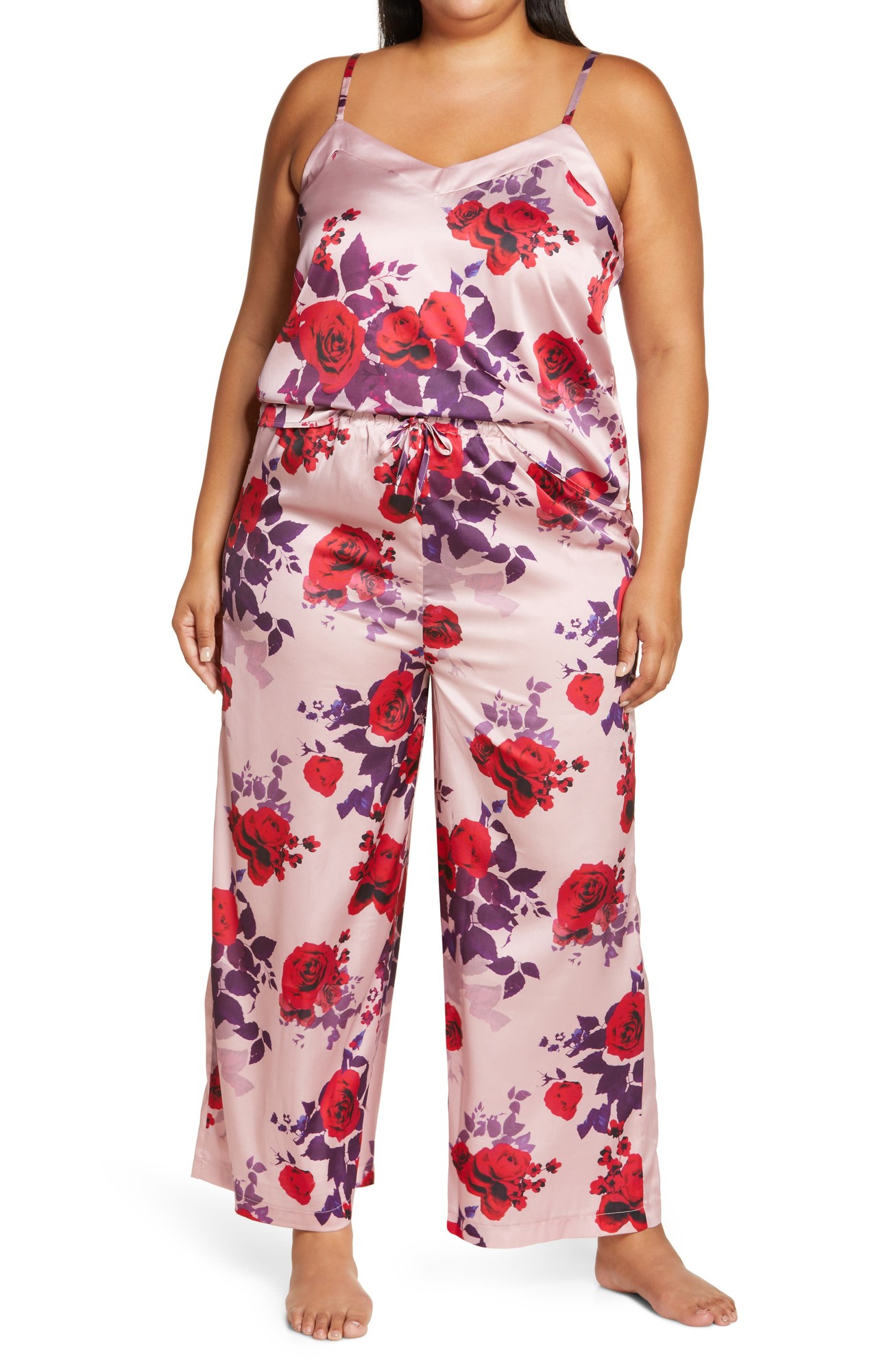 Chi Chi London Floral Satin Pajamas in Pink Print at Nordstrom, Size 16