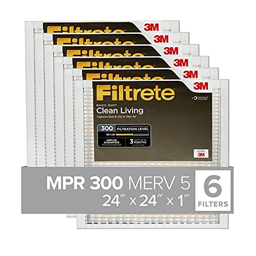 Filtrete 24x24x1, AC Furnace Air Filter, MPR 300, Clean Living Basic Dust, 6-Pack (exact Dimensions 23.81 X 23.81 X 0.66)