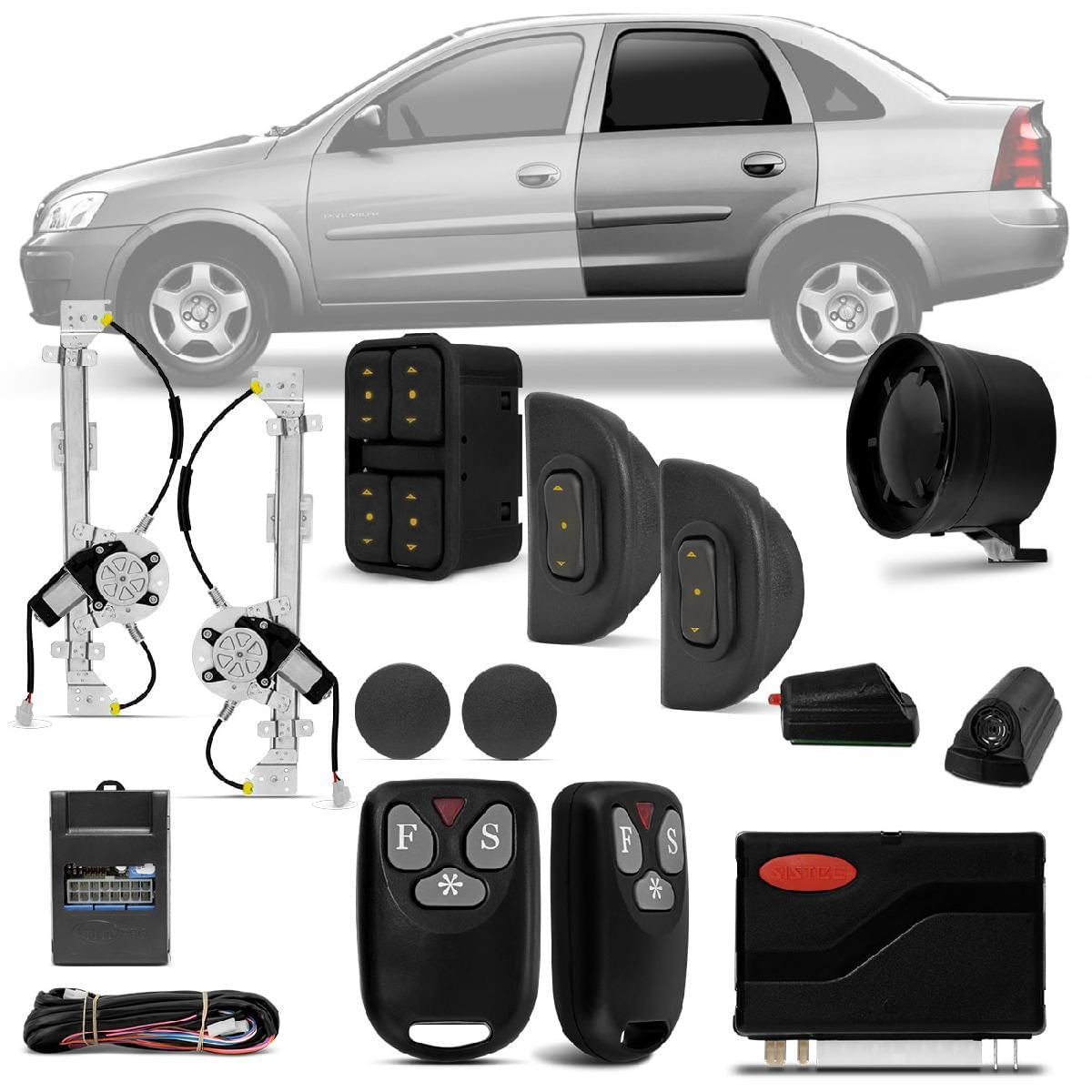 Kit Vidro Elétrico Corsa Hatch Sedan 2003 a 2012 Sensorizado + Alarme Sistec Stx 986 2 Controles