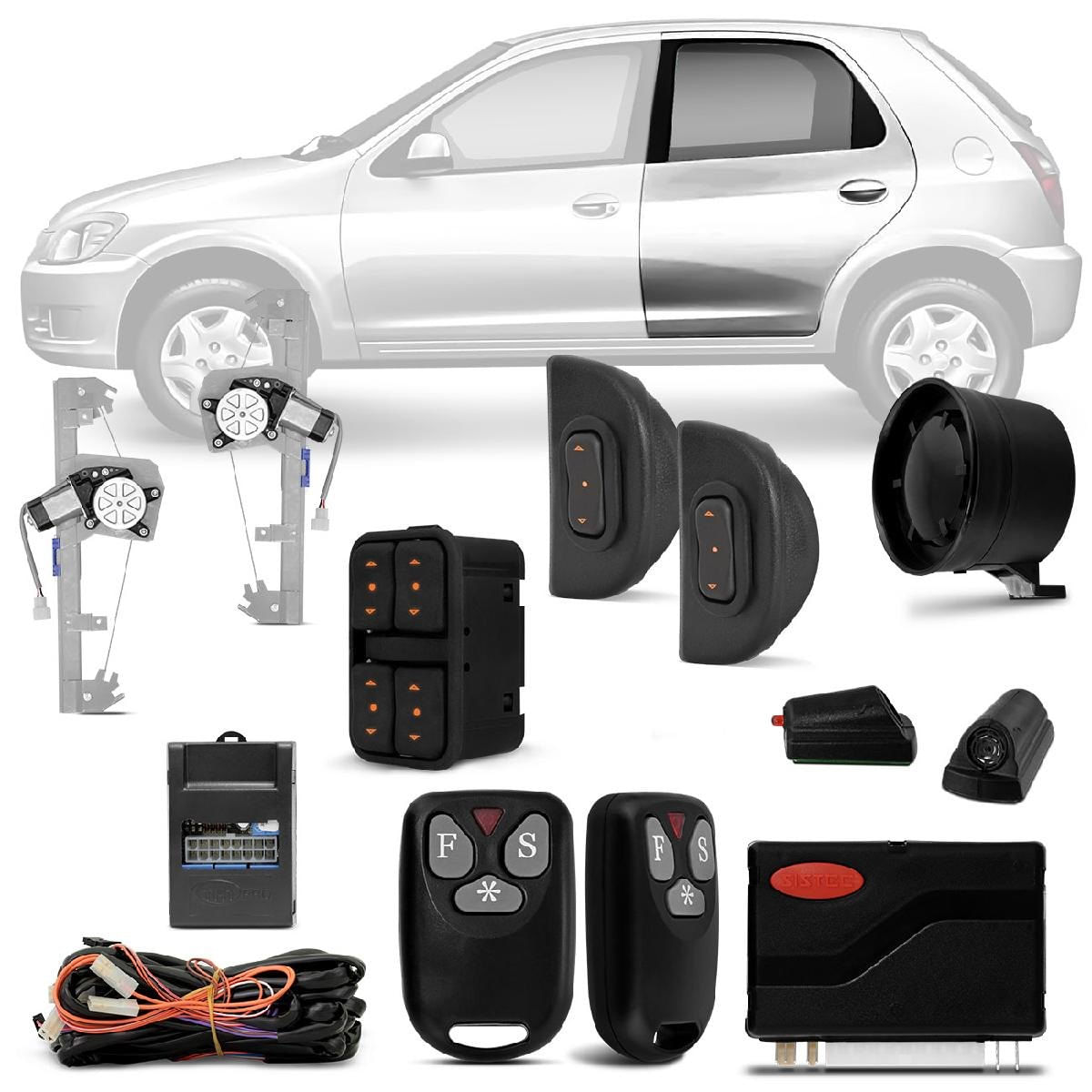 Kit Vidro Elétrico Celta 2002 a 2015 Prisma 2006 a 2012 Traseiro Sensorizado + Alarme Sistec Sxt 986