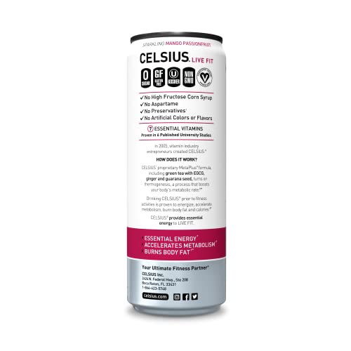 CELSIUS Sparkling Mango Passionfruit  Functional Essential Energy Drink 12 Fl Oz Can (Pack of 12) thumbnail