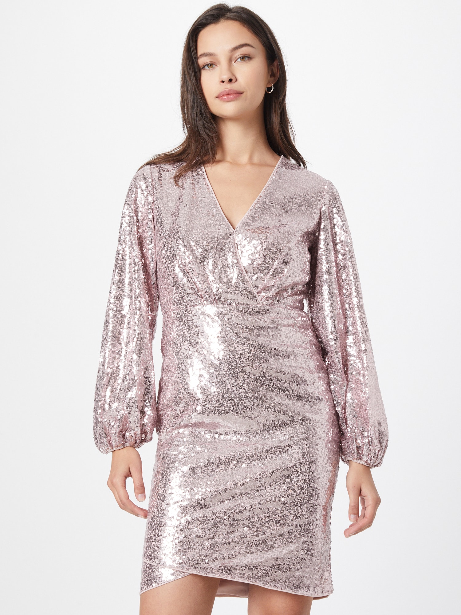 Chi Chi Long Sleeve Plunge Sequin Bodycon Mini Dress in Pink, Size 16 thumbnail