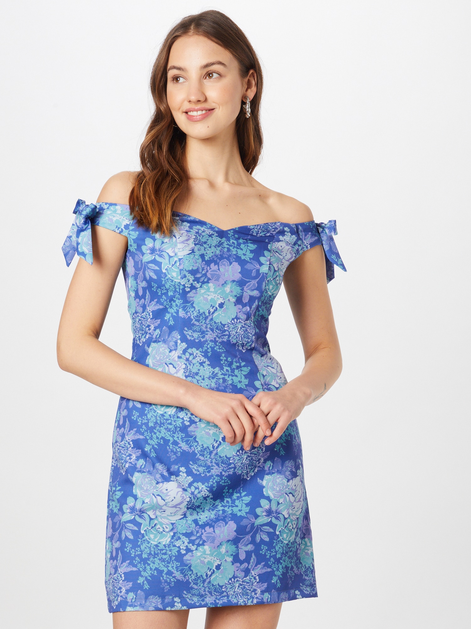 Chi Chi Bardot Floral Mini Dress in Blue, Size 16 thumbnail