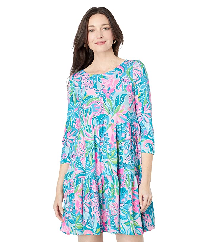 Lilly Pulitzer® Geanna Ruffle Hem Long Sleeve Dress in Turquoise Oasis Golden Hour at Nordstrom, Size Large