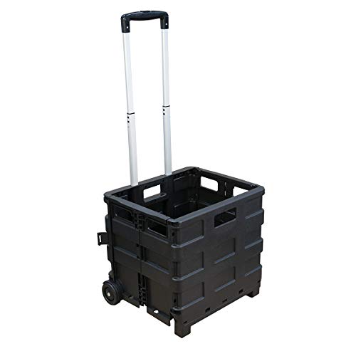 Glad Foldable Rolling Pull Cart with Telescopic Handle | Heavy Duty Folding Plastic Box with Wheels | Portable Carrier for on the Go | Collapsible Sto