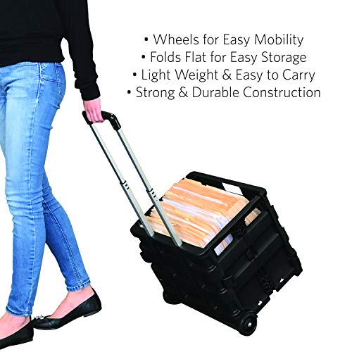 Glad Foldable Rolling Pull Cart with Telescopic Handle | Heavy Duty Folding Plastic Box with Wheels | Portable Carrier for on the Go | Collapsible Sto