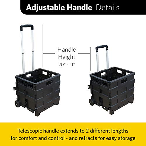 Glad Foldable Rolling Pull Cart with Telescopic Handle | Heavy Duty Folding Plastic Box with Wheels | Portable Carrier for on the Go | Collapsible Sto