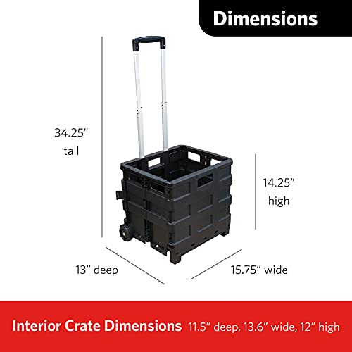 Glad Foldable Rolling Pull Cart with Telescopic Handle | Heavy Duty Folding Plastic Box with Wheels | Portable Carrier for on the Go | Collapsible Sto