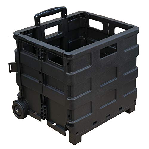 Glad Foldable Rolling Pull Cart with Telescopic Handle | Heavy Duty Folding Plastic Box with Wheels | Portable Carrier for on the Go | Collapsible Sto