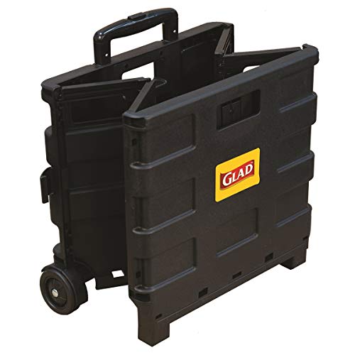 Glad Foldable Rolling Pull Cart with Telescopic Handle | Heavy Duty Folding Plastic Box with Wheels | Portable Carrier for on the Go | Collapsible Sto
