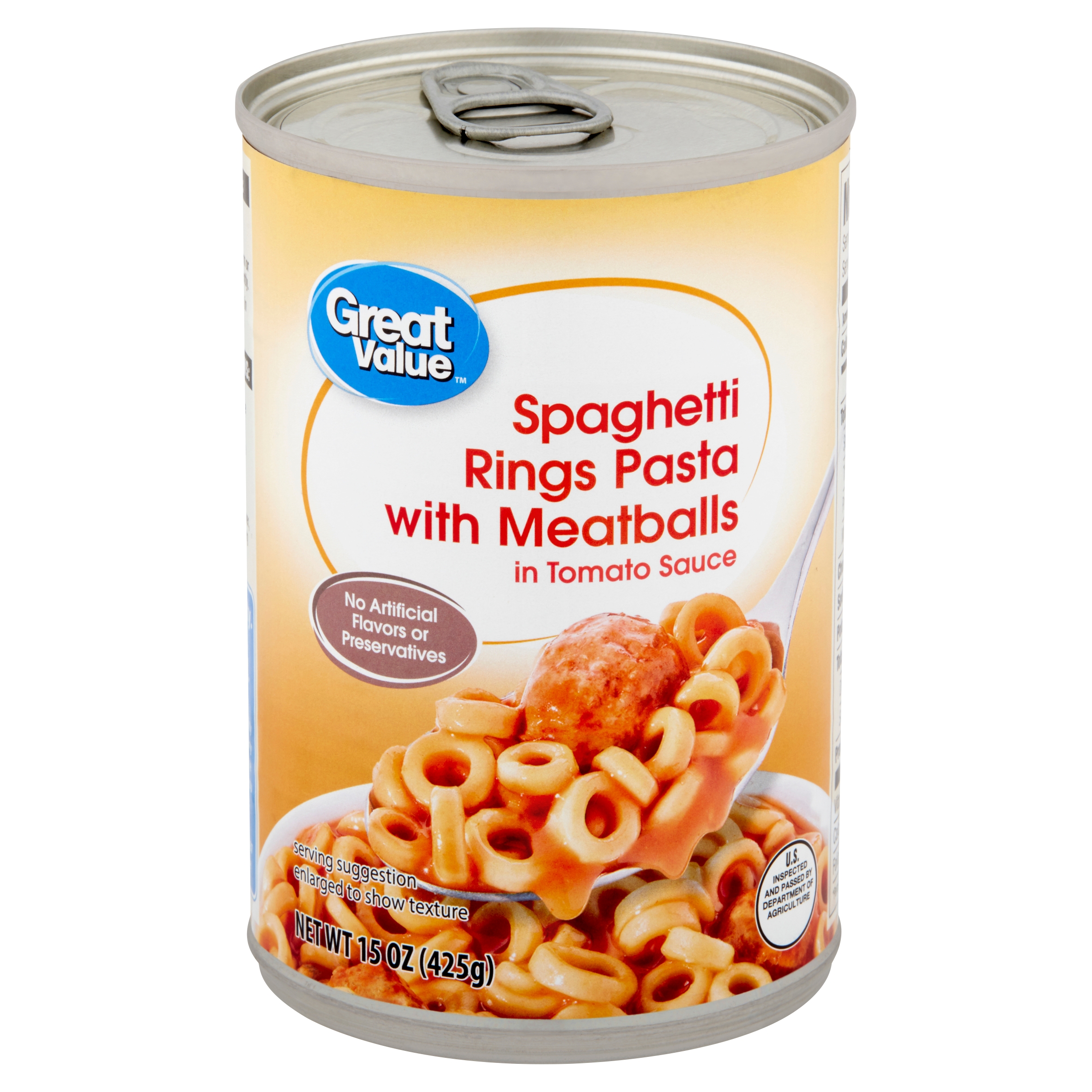 Great Value Spaghetti Rings Pasta with Meatballs in Tomato Sauce, 15 Oz Image