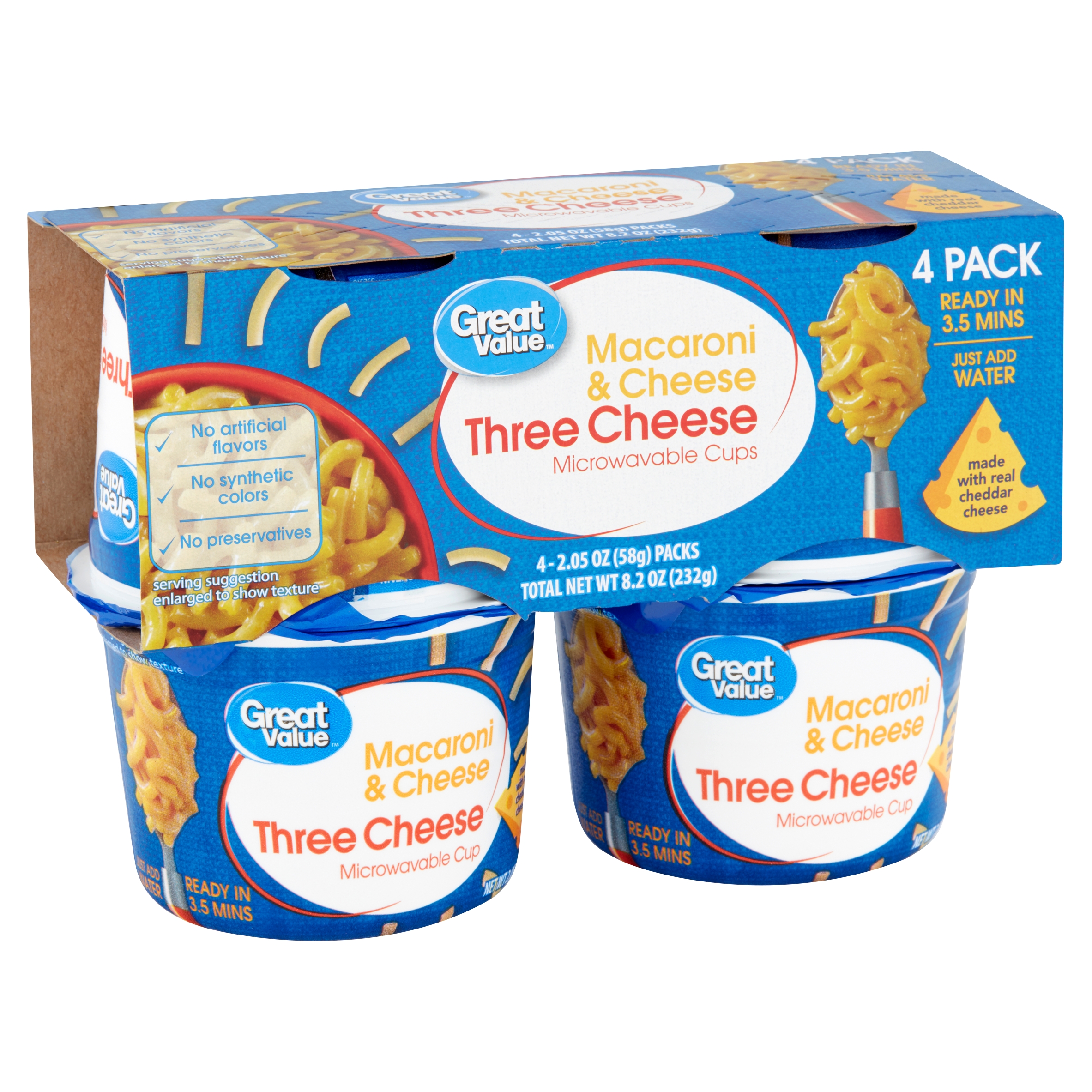 (2 Pack) Great Value Three Cheese Macaroni & Cheese, 2.05 Oz, 4 Count Image
