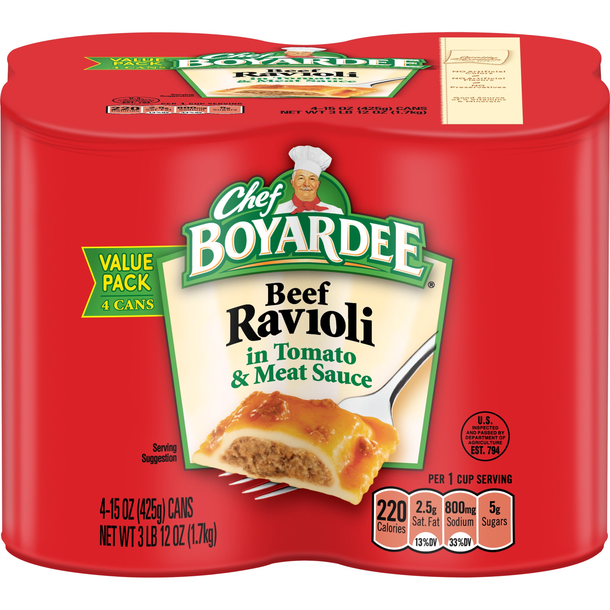 Chef Boyardee Beef Ravioli in Pasta Sauce  Ready-to-Eat Meal  15 Oz. Can (Pack of 4)