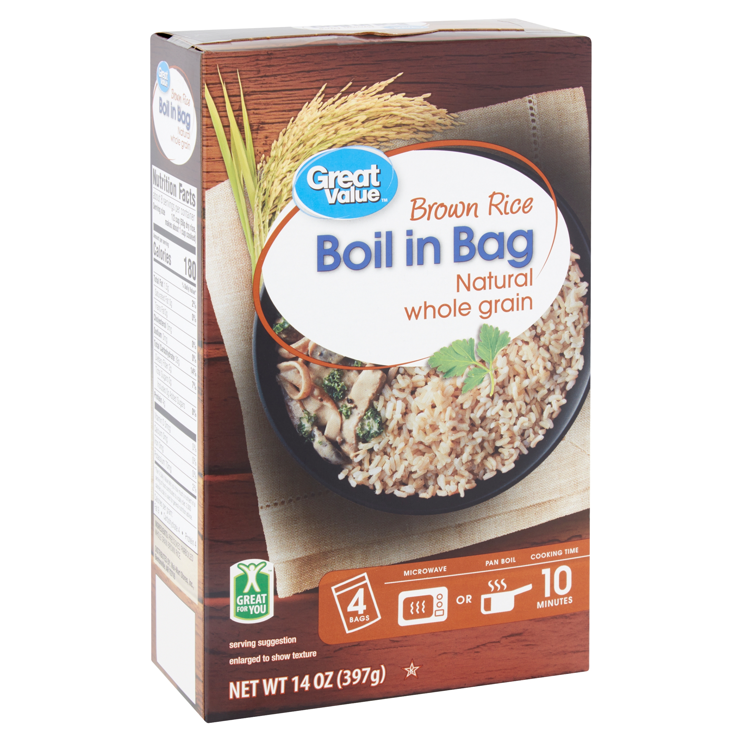 Great Value Boil in Bag Brown Rice, 4 Count, 14 Oz