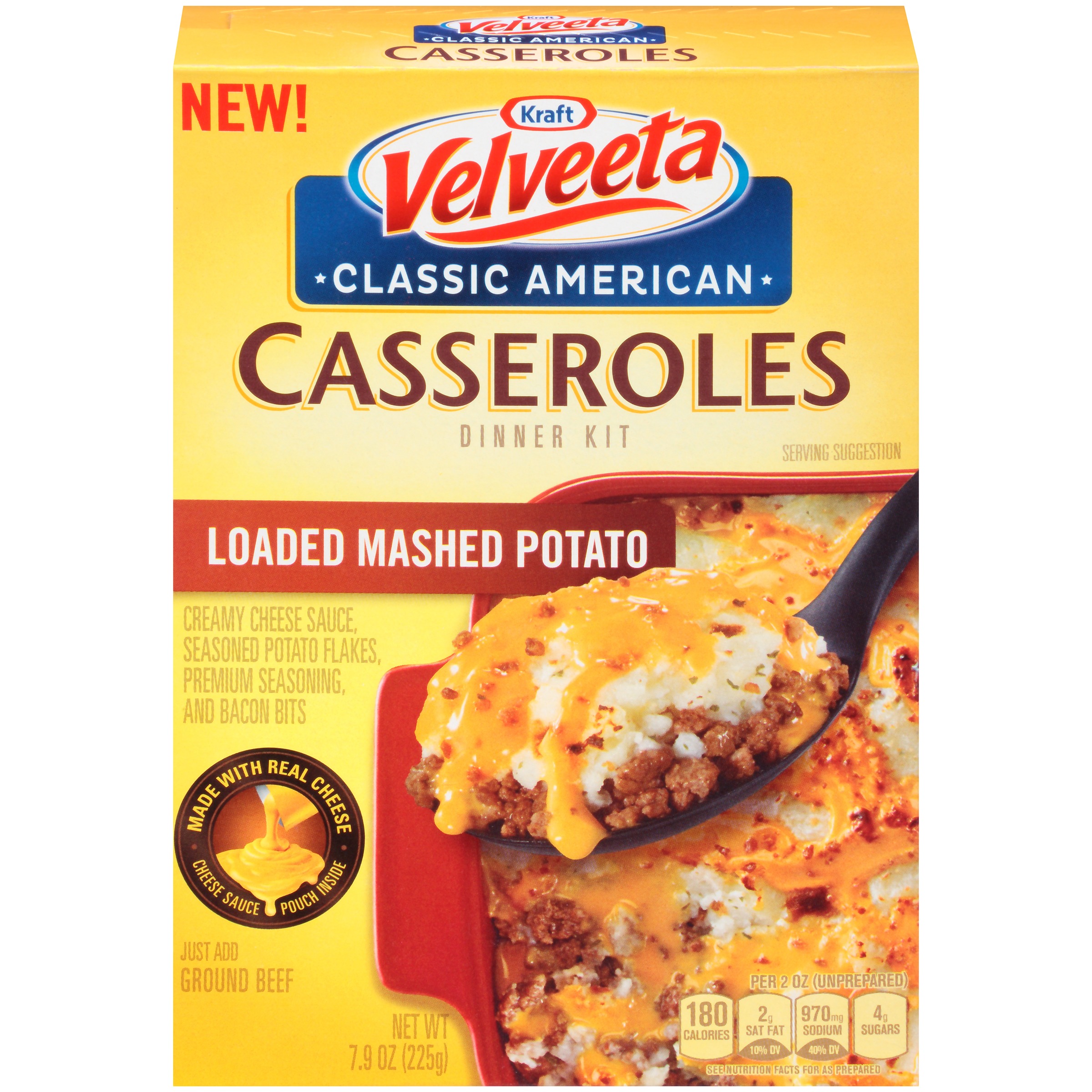 LOADED MASHED POTATO CREAMY CHEESE SAUCE, SEASONED POTATO FLAKES, PREMIUM SEASONING, AND BACON BITS CLASSIC AMERICAN CASSEROLES DINNER KIT, LOADED MASHED POTATO