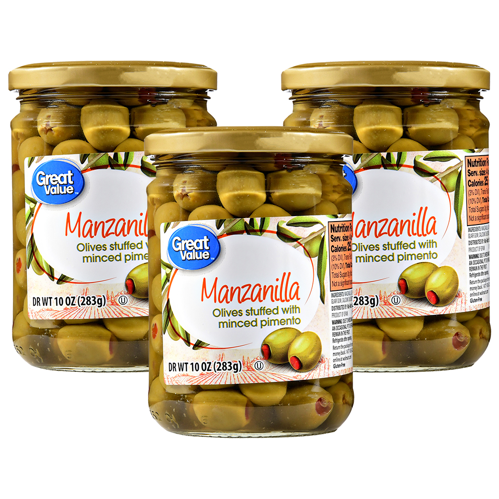 (3 Pack) Great Value Manzanilla Olives Stuffed with Minced Pimiento, 10 Oz Image