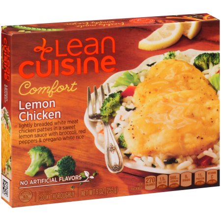 LEMON CHICKEN LIGHTLY BREADED WHITE MEAT CHICKEN PATTIES IN A SWEET LEMON SAUCE WITH BROCCOLI, RED PEPPERS & OREGANO WHITE RICE, LEMON CHICKEN