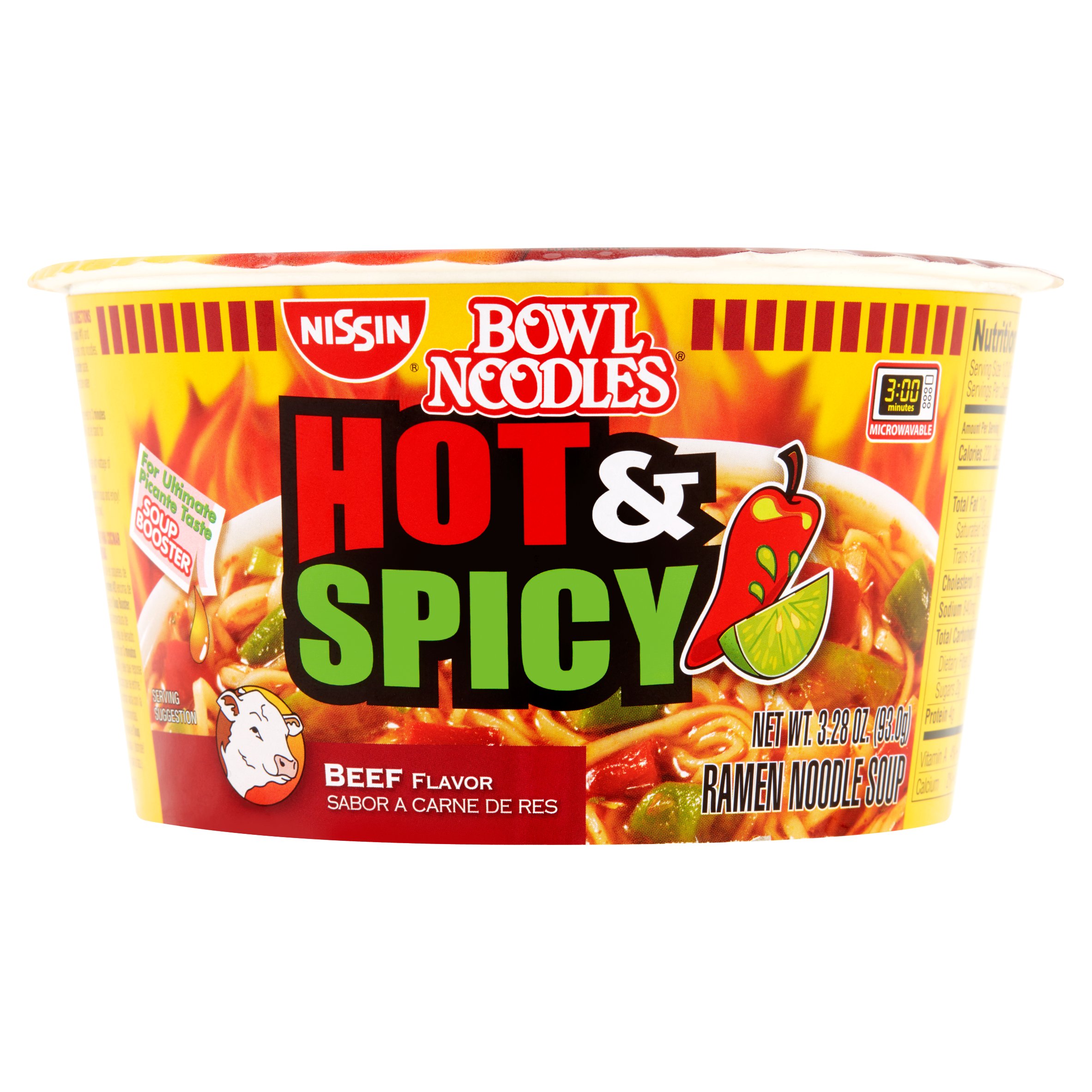 Nissin Foods Hot & Spicy Ramen Noodle Soup  Fiery Beef Flavor  3.28 Oz Bowl  Shelf-Stable