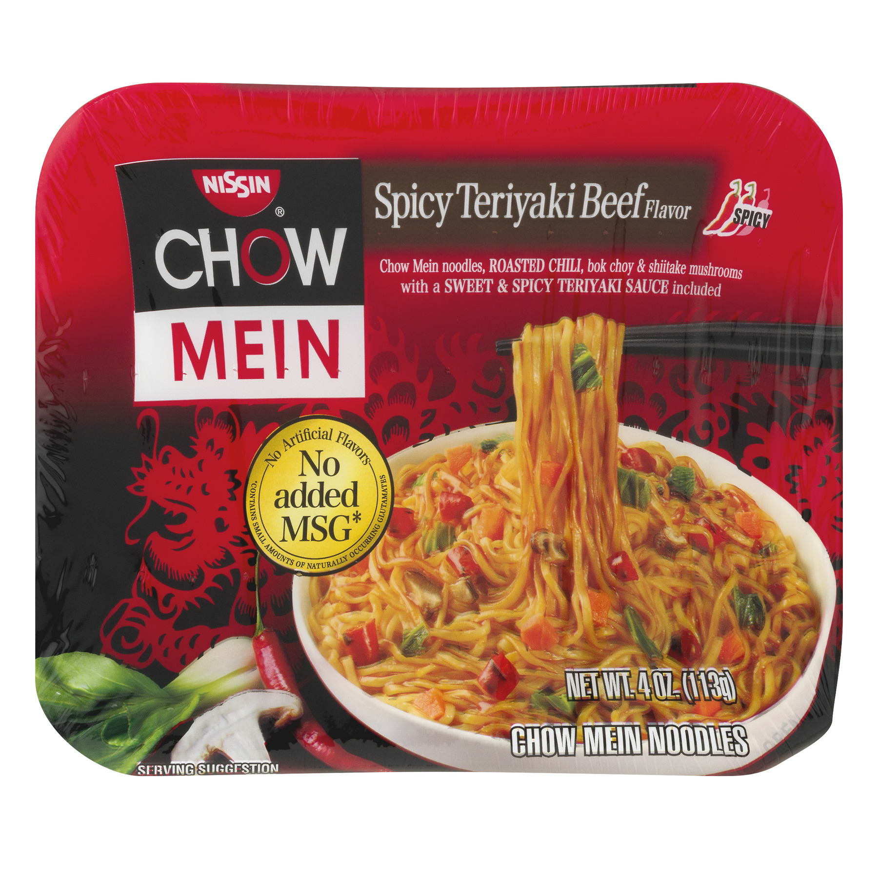 Nissin Foods Chow Mein Instant Noodles  Spicy Teriyaki Beef Flavor  4.0 Oz Tray  Shelf-Stable