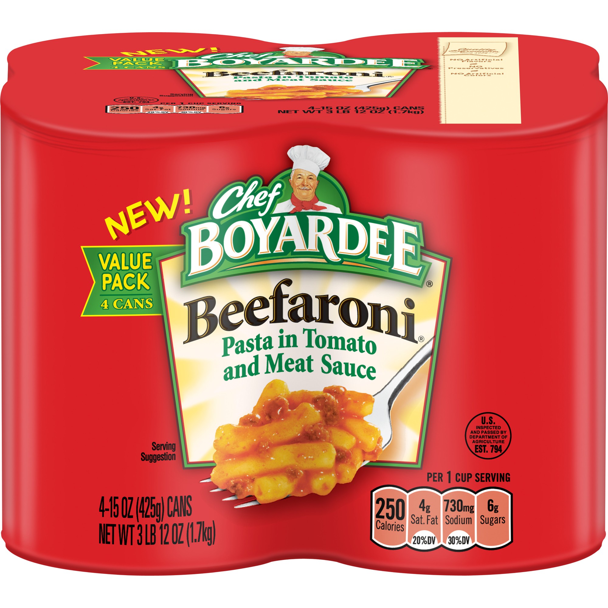Chef Boyardee Beefaroni in Tomato and Meat Sauce  Ready-to-Eat Meal  15 Oz. Can (Pack of 4)