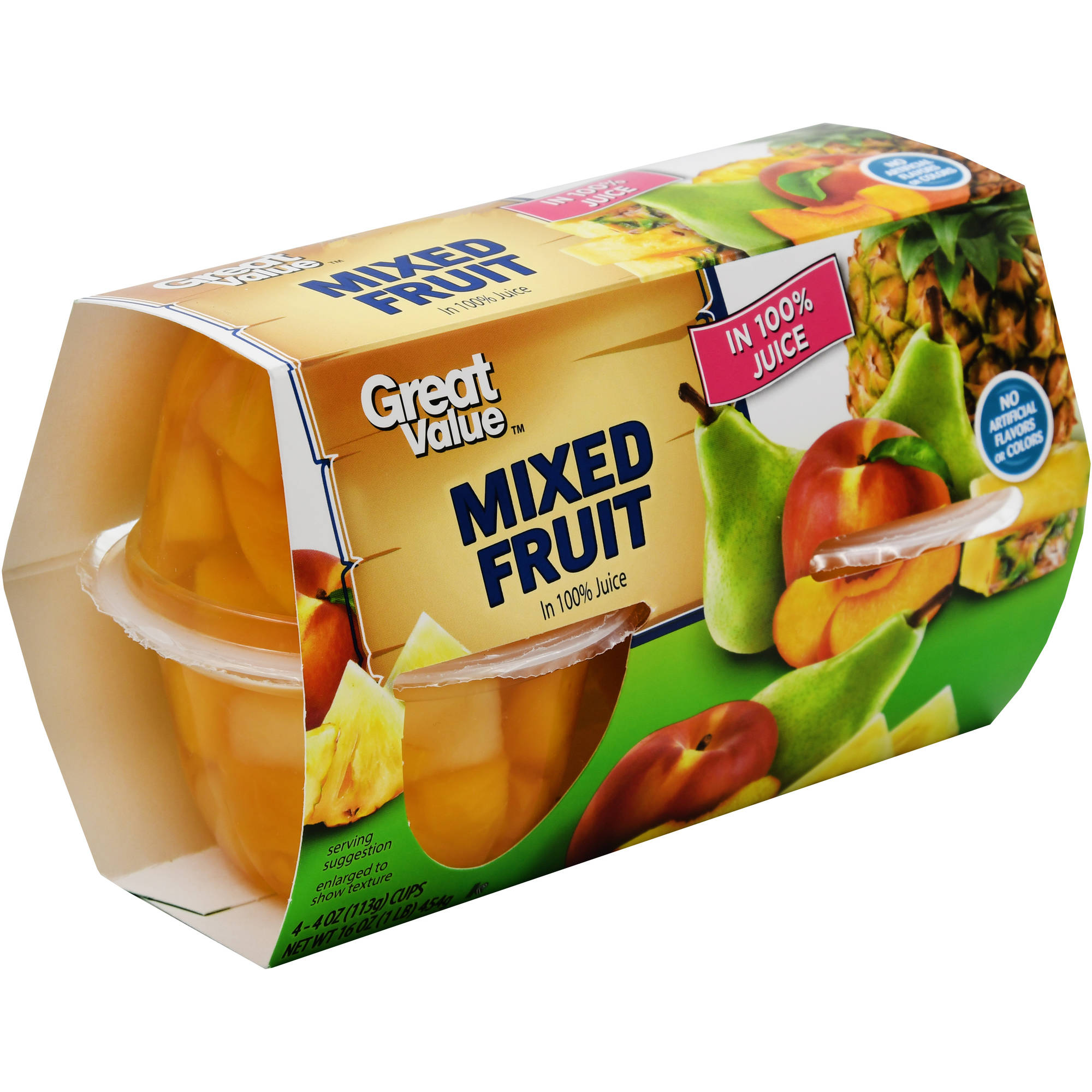 (3 Pack) Great Value Fruit Cup in 100% Juice, Mixed Fruit, 4 Oz, 4 Ct