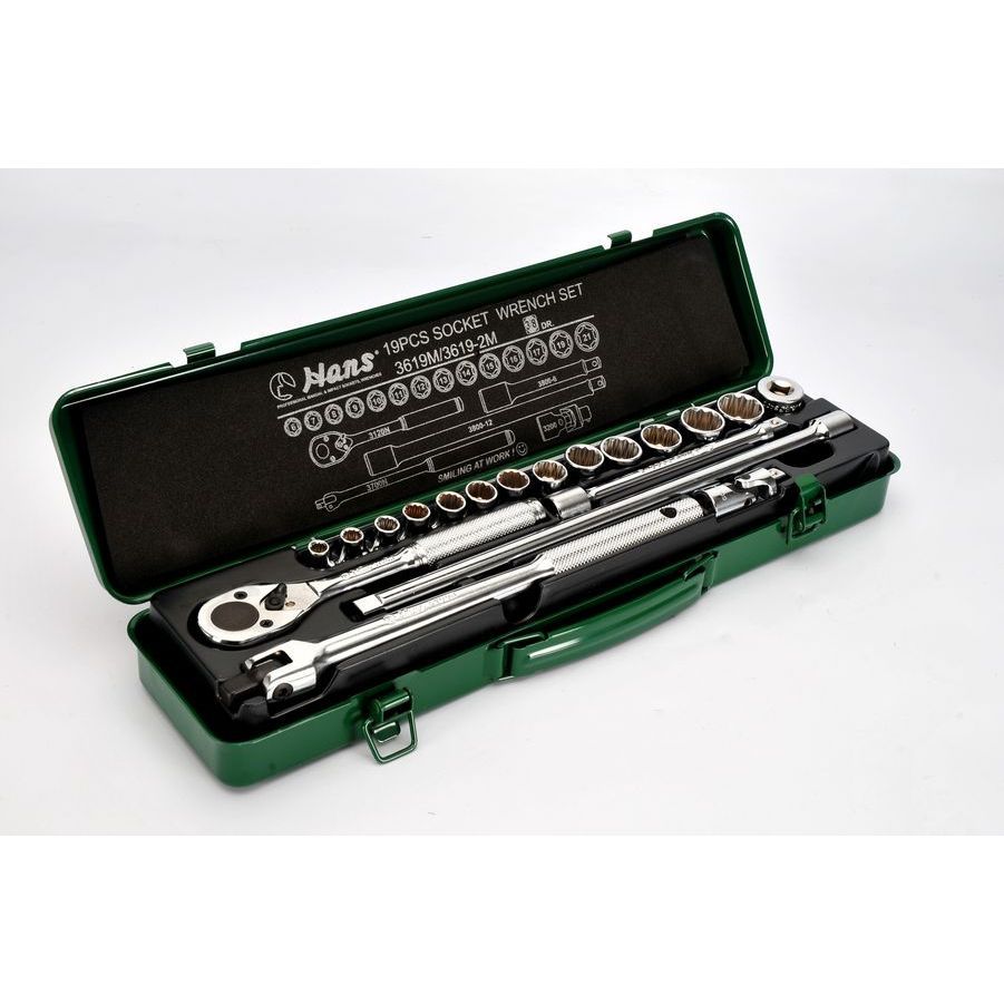 HANS 3619-2M Socket Set Hexagon, Drive: 3/8Inch, Number of Tools: 19