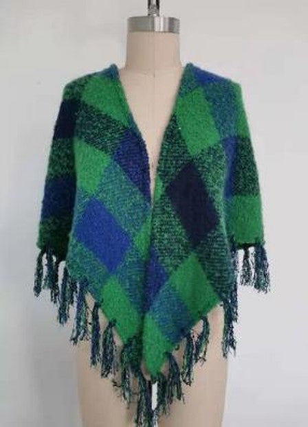Charming Charlie Buffalo Plaid Boucle Triangle Wrap with Fringe Ring in Blue Light, Size Plaid, 9-None, Base_color:black, Base_color:blue, Black, Blue