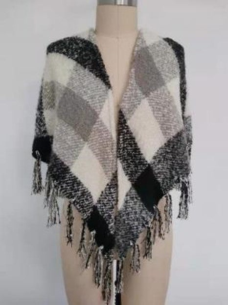 Charming Charlie Buffalo Plaid Boucle Triangle Wrap with Fringe Ring in Blue, Size Plaid, 9-None, Base_color:black, Base_color:blue, Black, Blue, Clot thumbnail