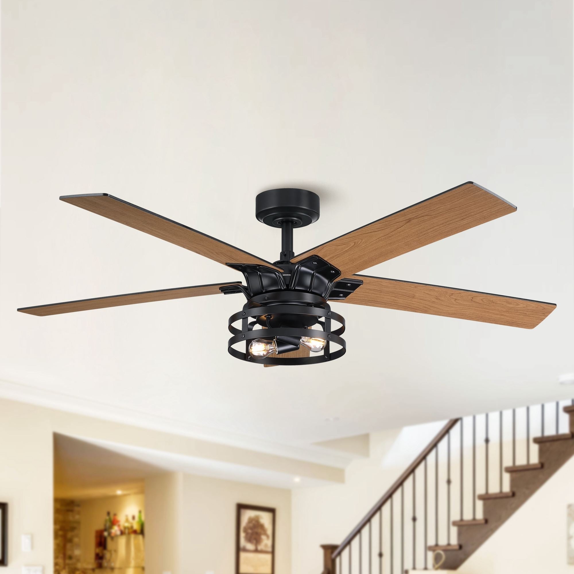 Parrot Uncle 52  Industrial Reversible 5-Blade LED Ceiling Fan with Remote Matte Black with Walnut/Black N/a Matte thumbnail