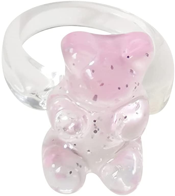 Eastjing Colorful Gummy Bear Ring, Summer Cartoon Bear Transparent Acrylic Ring Lovely Resin Finger Band Ring Jewelry for Women Girls LL