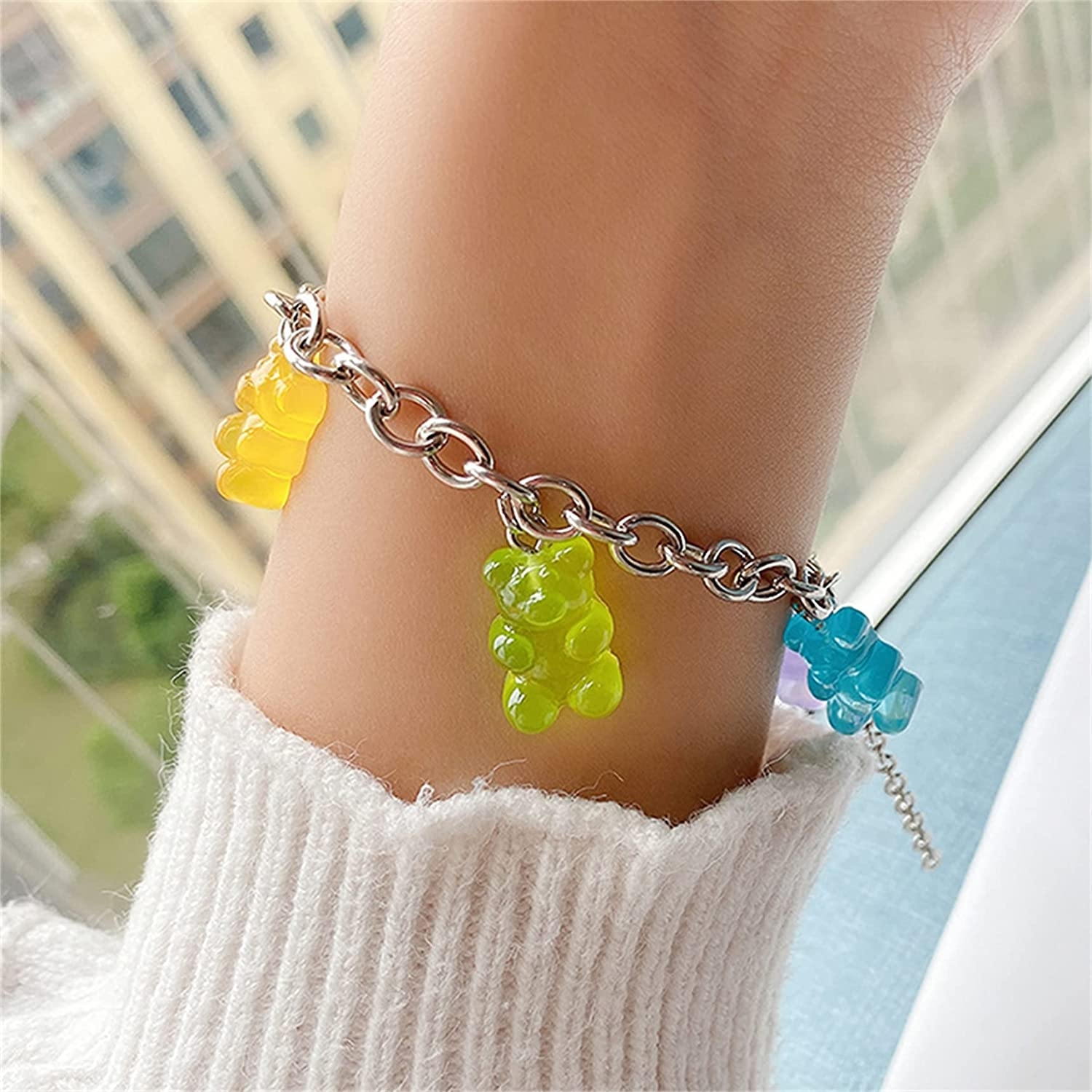 Eastjing Colorful Gummy Bear Bracelet, Cute Cartoon Bear Bracelets, Colorful Resin Acrylic Chain Bracelets for Girls Womens thumbnail