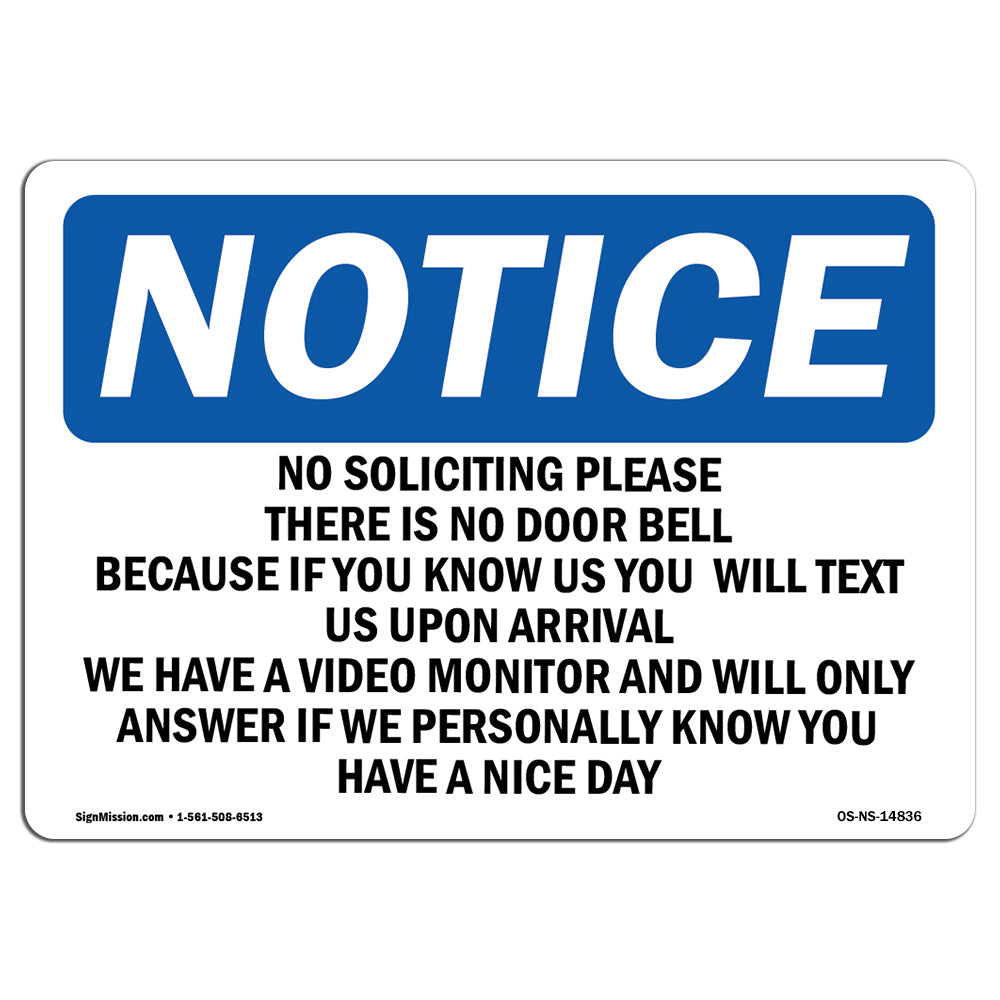 SignMission OS-NS-D-1014-L-14836 OSHA Notice Sign - No Soliciting Please There Is No Door Bell