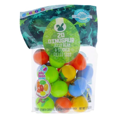 Prefilled Plastic Dinosaur Easter Eggs with Jelly Beans and Stickers, Assorted Fruit Flavored Chewy Candies, Basket Stuffers and Birthday Party Favors