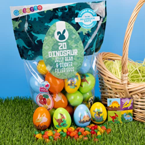 Prefilled Plastic Dinosaur Easter Eggs with Jelly Beans and Stickers, Assorted Fruit Flavored Chewy Candies, Basket Stuffers and Birthday Party Favors thumbnail